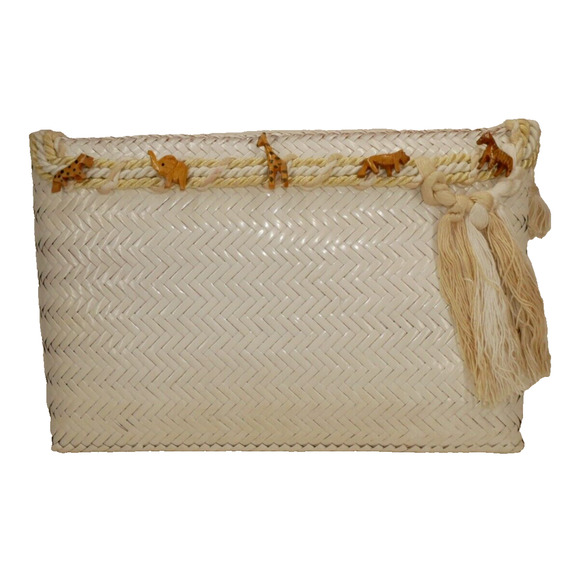 VTG OGGI DOMANI Straw Clutch Purse Handbag Cream with Carved Animals Fringe - Picture 1 of 16